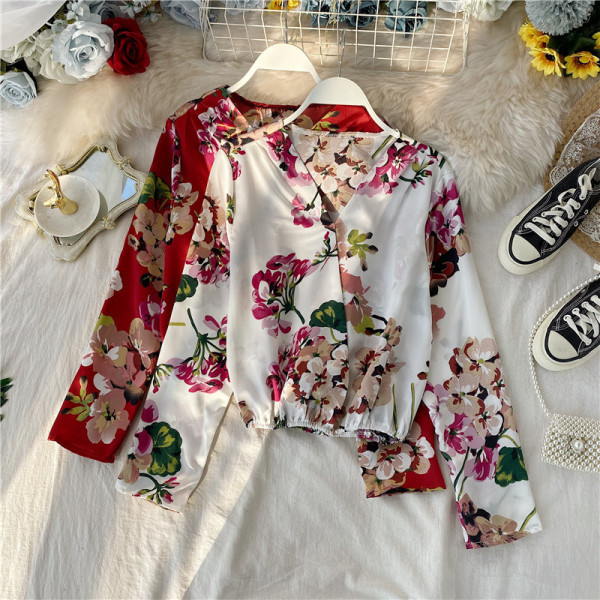 Modern női ing virágmintás, spitz nyakkivágással piros és fehér színben