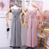 Salopeta dama in dungi cu bretele in negru, roz si bej