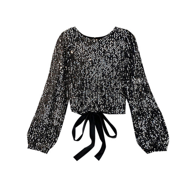 Bluză de damă modernă cu cravate și decolteu oval în negru și argintiu