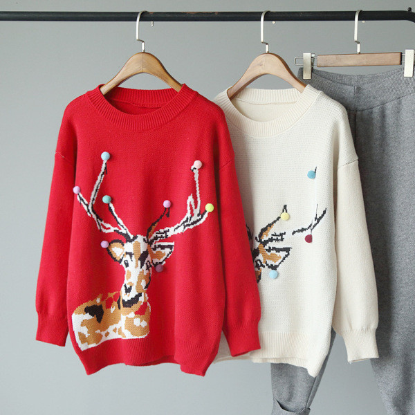 Női téli pulóver, piros-fehér karácsonyi motívumokkal