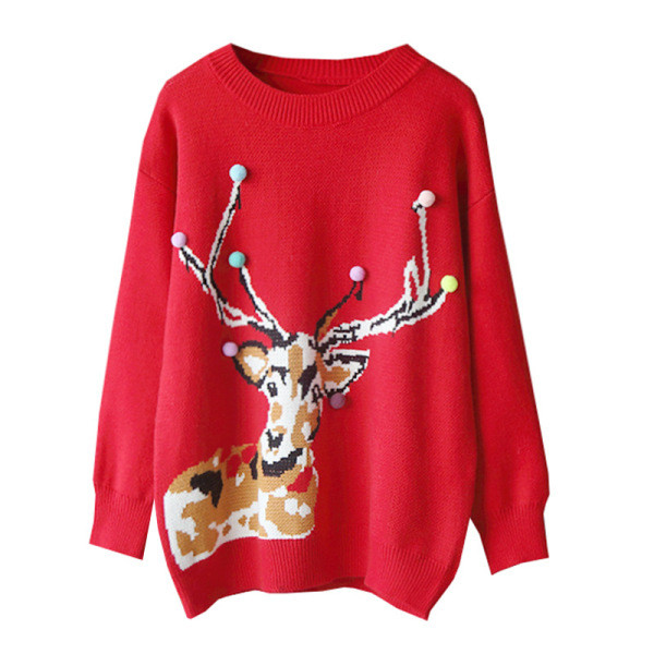 Női téli pulóver, piros-fehér karácsonyi motívumokkal
