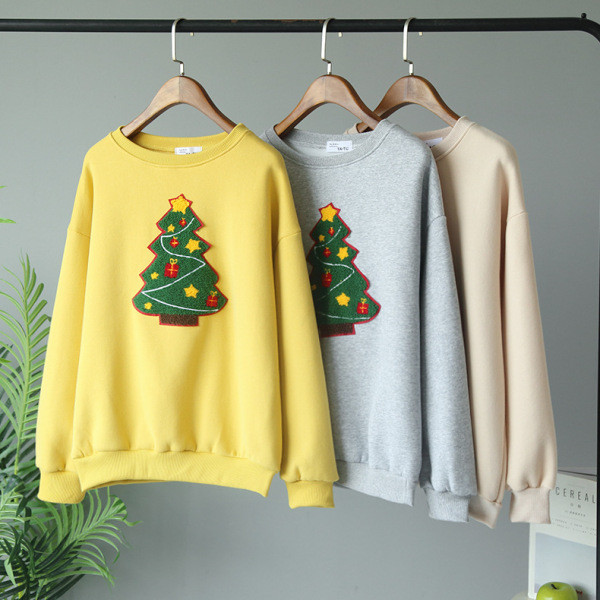 Női őszi-téli blúz kerek nyakkivágással és karácsonyi motívumokkal bézs, sárga és szürke színben