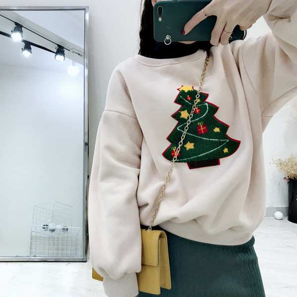 Női őszi-téli blúz kerek nyakkivágással és karácsonyi motívumokkal bézs, sárga és szürke színben