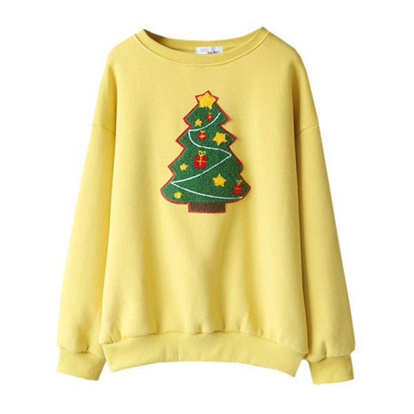 Női őszi-téli blúz kerek nyakkivágással és karácsonyi motívumokkal bézs, sárga és szürke színben