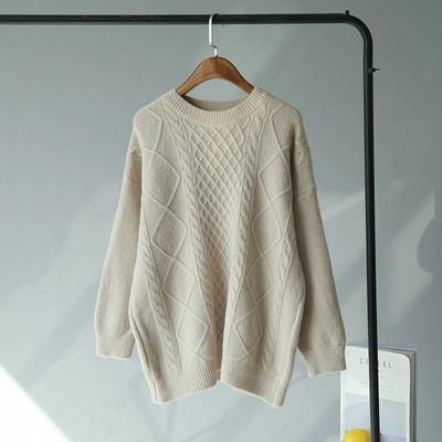 Női téli pulóver kerek nyakkivágással - hosszú modell rózsaszín, bézs, piros, fehér és kék színben