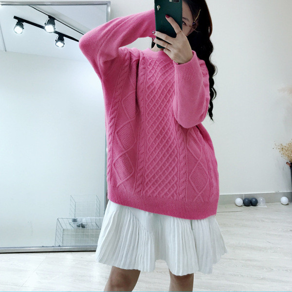 Női téli pulóver kerek nyakkivágással - hosszú modell rózsaszín, bézs, piros, fehér és kék színben