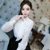 Camasa de dama eleganta din sifon cu panglica pe decolteu in culoarea alba