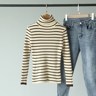 Polo de damă cu dungi de toamnă-iarnă în galben, negru și maro