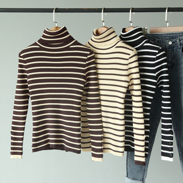 Polo de damă cu dungi de toamnă-iarnă în galben, negru și maro