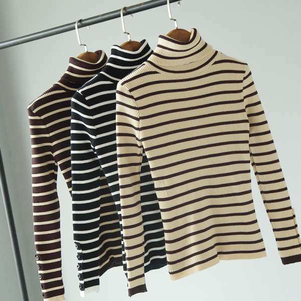 Polo de damă cu dungi de toamnă-iarnă în galben, negru și maro