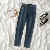 Blugi de dama in stil retro cu talie inalta si buzunare in albastru