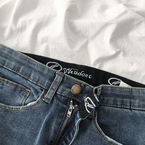 Blugi de dama in stil retro cu talie inalta si buzunare in albastru