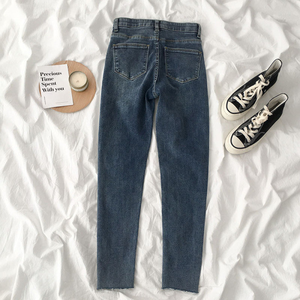 Blugi de dama in stil retro cu talie inalta si buzunare in albastru