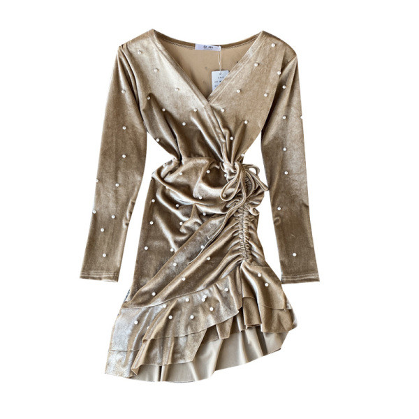 Stílusos női ruha gyöngyökkel és spitz bársony nyakkivágással, öt színben