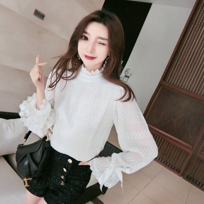 Női széles sifon blúz pólógallérral és ujjkötőkkel