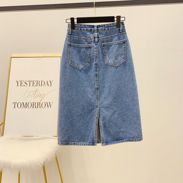 Női farmerszoknya magas derékkal, zsebekkel, kék színben