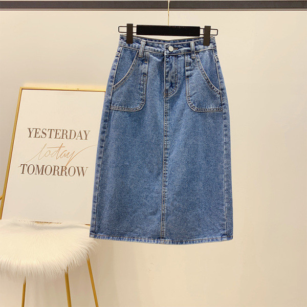 Női farmerszoknya magas derékkal, zsebekkel, kék színben