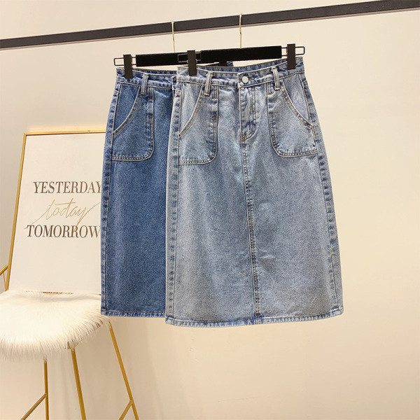 Női farmerszoknya magas derékkal, zsebekkel, kék színben