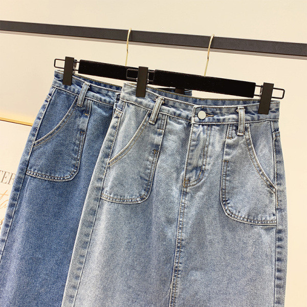 Női farmerszoknya magas derékkal, zsebekkel, kék színben