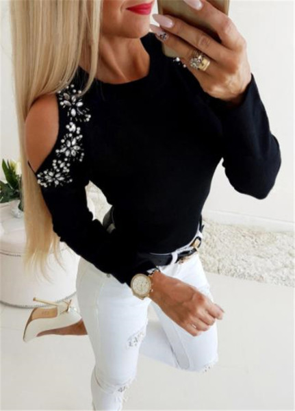 Modern női blúz csupasz váll és kövekkel fekete és kék színben