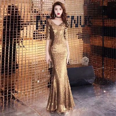 Rochie elegantă de damă cu decolteu spitz și mâneci 3/4 auriu, argintiu, verde și negru