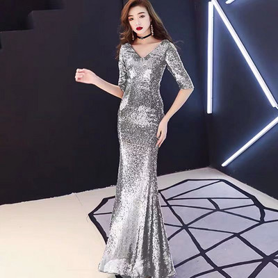 Rochie elegantă de damă cu decolteu spitz și mâneci 3/4 auriu, argintiu, verde și negru