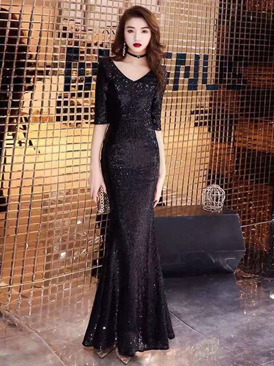 Rochie elegantă de damă cu decolteu spitz și mâneci 3/4 auriu, argintiu, verde și negru