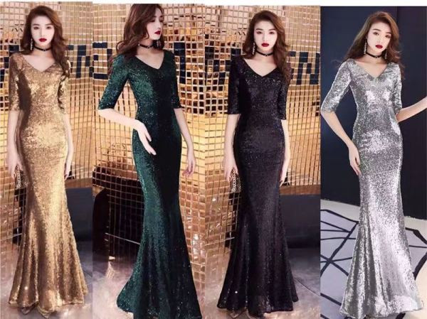 Rochie elegantă de damă cu decolteu spitz și mâneci 3/4 auriu, argintiu, verde și negru