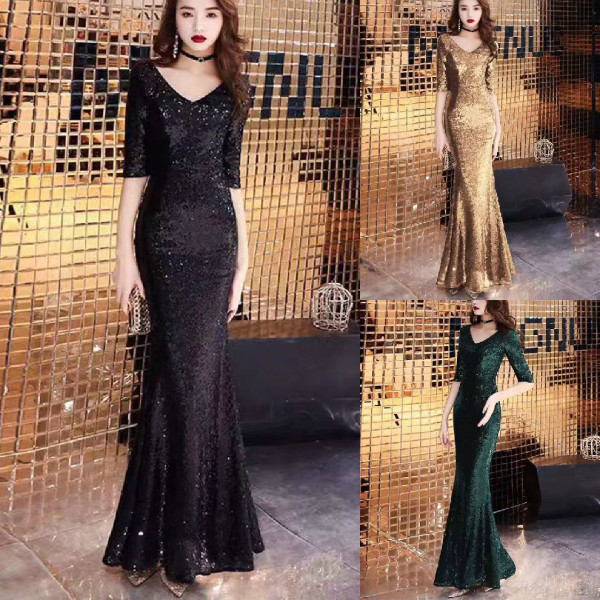 Rochie elegantă de damă cu decolteu spitz și mâneci 3/4 auriu, argintiu, verde și negru