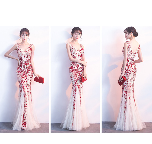 Κομψό Lady Dress με πούλιες, κεντήματα και τούλι σε μπεζ, κόκκινο και μαύρο χρώμα