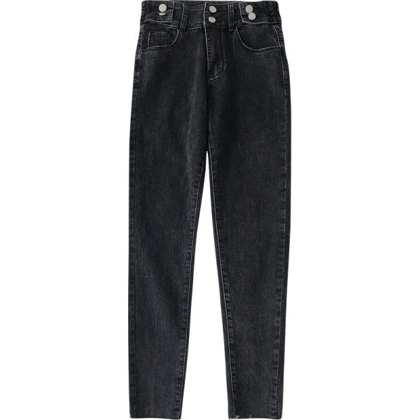 Modern női farmer fekete színben, gombokkal és magas derékkal