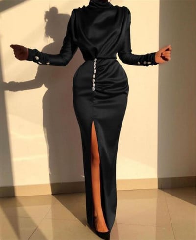 Rochie lungă și elegantă de damă, cu fante și guler polo, în negru și visiniu