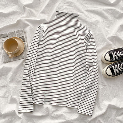 Csíkos női blúz hat színben, magas gallérral és hosszú ujjal