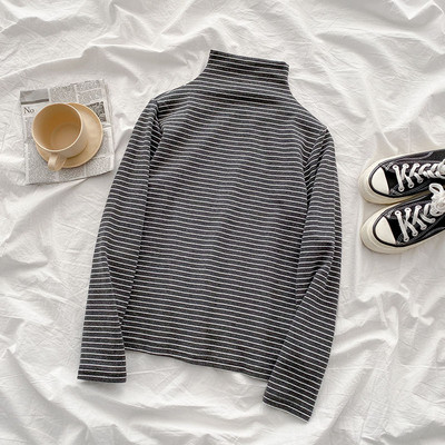 Csíkos női blúz hat színben, magas gallérral és hosszú ujjal