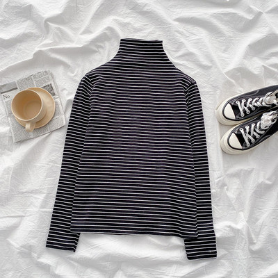 Csíkos női blúz hat színben, magas gallérral és hosszú ujjal