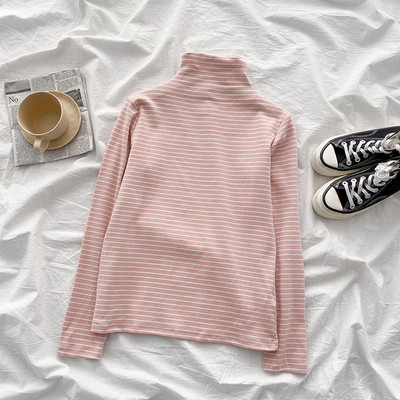 Csíkos női blúz hat színben, magas gallérral és hosszú ujjal