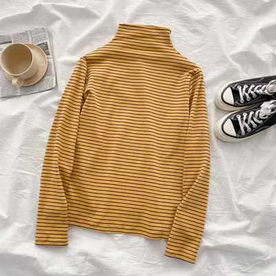 Csíkos női blúz hat színben, magas gallérral és hosszú ujjal