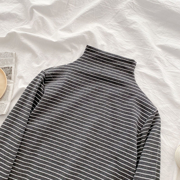 Csíkos női blúz hat színben, magas gallérral és hosszú ujjal