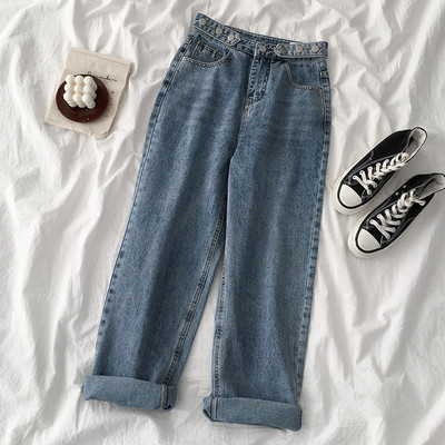 Γυναικεία τζιν φαρδιά σχέδια σε γκρι και μπλε χρώμα με κουμπιά και ψηλή μέση