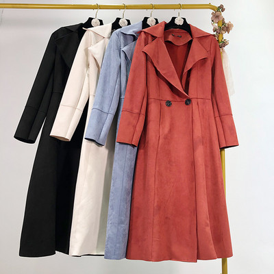 Тънко палто от еко велур със средна дължина с копчета и колан в бордо,син,бежов и черен цвят