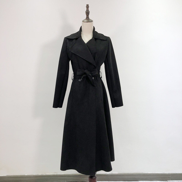 Vékony, közepes hosszúságú eco velúr kabát gombokkal és övvel bordó, kék, bézs és fekete színben