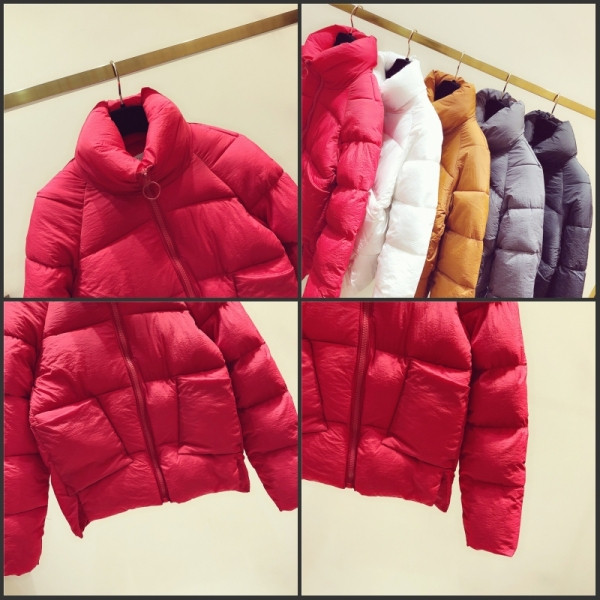 Geaca de dama toamna-iarna cu buzunare in rosu, alb, gri si maro