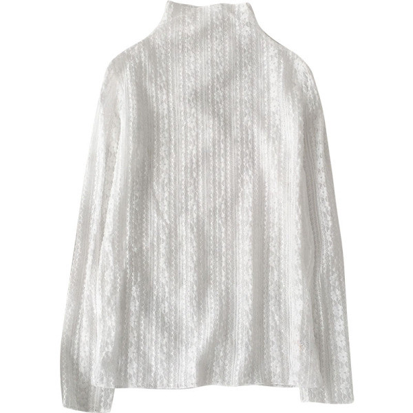 Bluză de damă din dantelă alb și negru, cu guler înalt și mâneci lungi