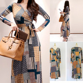 Női ruha hosszú ujjal, mintával és spitz nyakkivágással - szabású modell