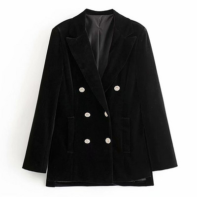 Модерно дамско сако от кадифе с двуредно закопчаване в черен цвят