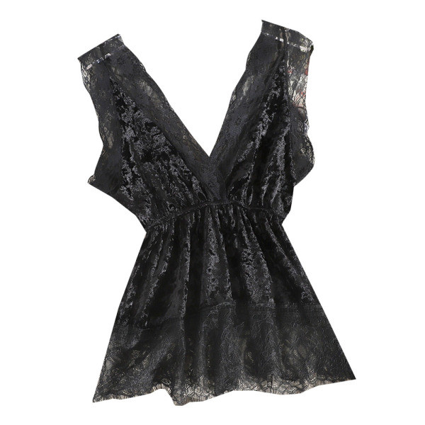 Stílusos női csipke felső fekete-fehér spitz nyakkivágással