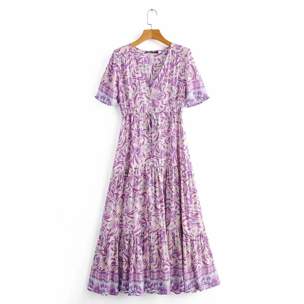 Rochie scurtă casual, cu decolteu în V și mâneci scurte, de culoare violet