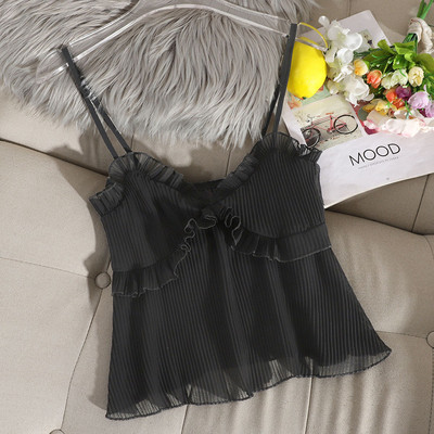 Stílusos női felső vékony pántokkal és fürtökkel sárga, szürke, bézs, szürke és fekete színben