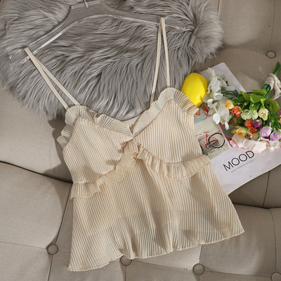 Stílusos női felső vékony pántokkal és fürtökkel sárga, szürke, bézs, szürke és fekete színben