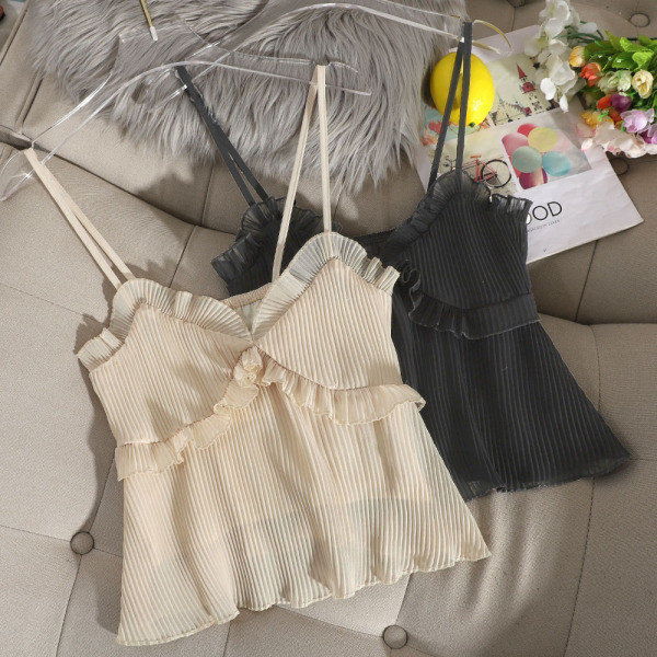 Stílusos női felső vékony pántokkal és fürtökkel sárga, szürke, bézs, szürke és fekete színben